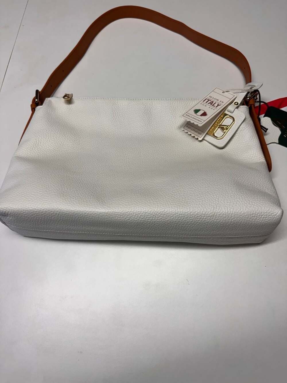 Valentina White and Tan Pebbled Leather Multi-Compartment Shoulder Bag